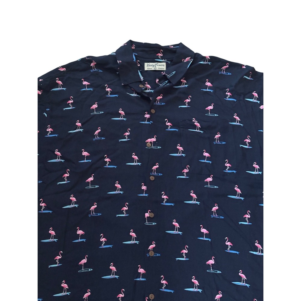 Kenny Flowers Mens XL Navy Blue Flamingo Surfboard Rayon Hawaiian Button Shirt
